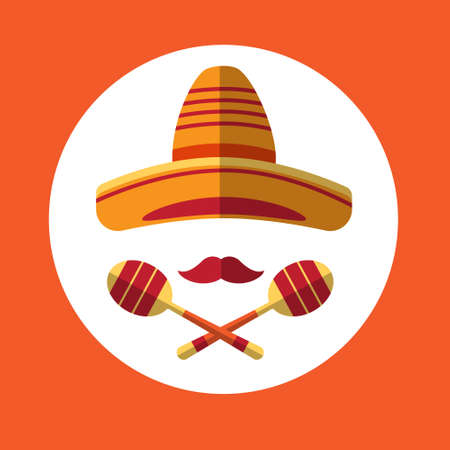 Sombrero Mustache Mexican Traditional Hat Maraca Icon Flat Vector Illustrationのイラスト素材