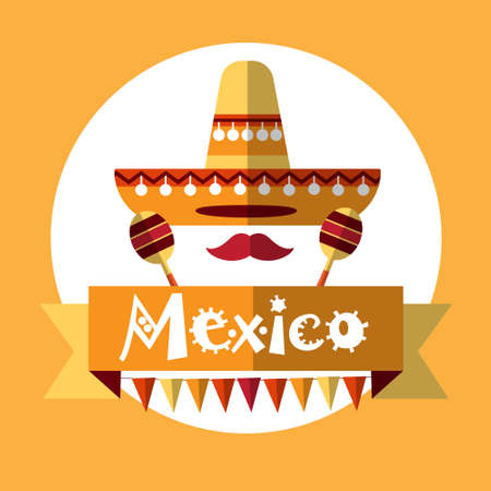 Mexican Traditional Clothes Sombrero Maraca, Mexico National Holiday Flat Vector Illustrationのイラスト素材