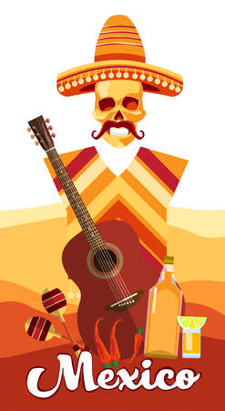Skeleton Wear Mexican Traditional Sombrero Clothes With Guitar Over Desert Background Banner Flat Vector Illustrationのイラスト素材
