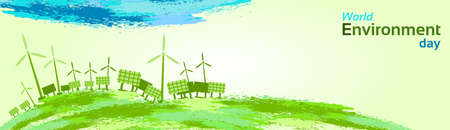 Green Wind Turbine Solar Energy Panel World Environment Day Flat Vector Illustrationのイラスト素材