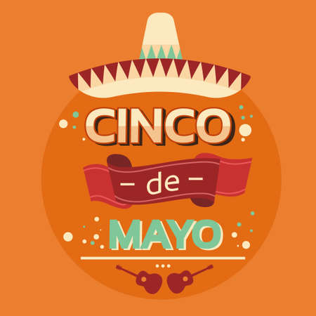 Mexican Traditional Sombrero Guitar, Mexico National Holiday Cinco De Mayo Flat Vector Illustrationのイラスト素材