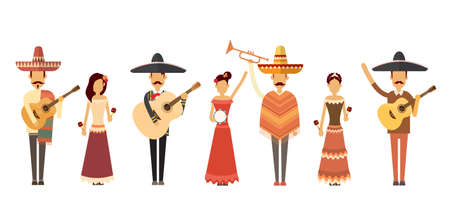 Mexican People Group Wear Traditional Clothes Play Music Instruments Full Length Flat Vector Illustrationのイラスト素材