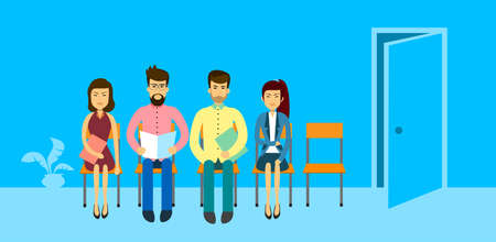 Asian Business People Group Sitting In Line Queue Door Asia Businesspeople Flat Vector Illustrationのイラスト素材
