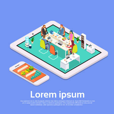 Business People Meeting Office Desk Businesspeople Working Online Conference Tablet Computer 3d Isometric Vector Illustrationのイラスト素材