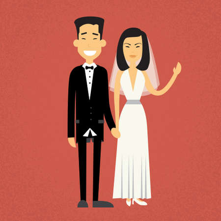 Asian Marriage Couple Fiance And Bride Wear Wedding Dress Holding Handsのイラスト素材
