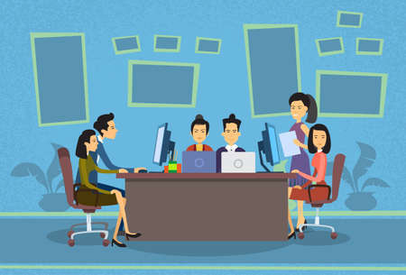 Asian Business People Working Computer Meeting Discussing Office Desk Businesspeople Flat Vector Illustrationのイラスト素材
