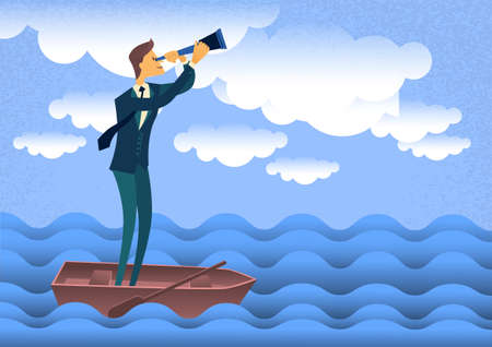 Cartoon Businessman Looking Through Telescope Up Clouds Standing In Boat Flat Vector Illustration