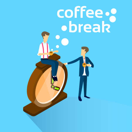 Business Man Sit On Alarm Clock Drink Coffee Break Concept Flat Vector Illustrationのイラスト素材