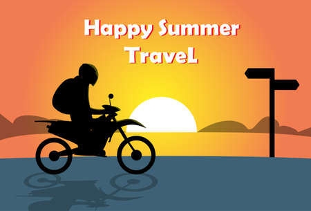 Man Ride Off Road Motor Bike Over Sunset Ocean Beach Happy Summer Travel Banner Flat Vector Illustrationのイラスト素材