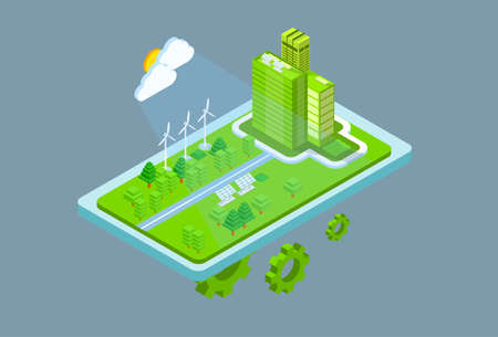 Green Station Solar Energy Panel Wind Turbine Tower Recycle Technology Battery 3d Isometric Vector Illustrationのイラスト素材