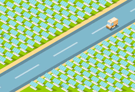 Truck Lorry On Road, Field With Solar Energy Panel Recycle Technology Battery Station Top View...
