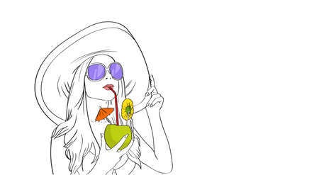 Woman In Hat Sunglasses Drink Cocktail Sketch Vector Illustrationのイラスト素材