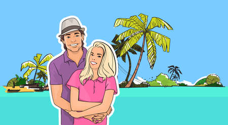 Couple Embrace, Man Woman On Beach Sea Shore Tropical Summer Vacation Vector Illustrationのイラスト素材