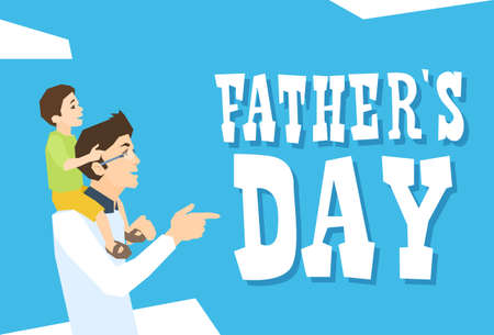 Father Day Holiday, Happy Son Sit On Dad Shoulder Vector Illustrationのイラスト素材