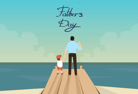 Man And Son Father Day Holiday Standing on Wooden Dock Looking Ocean Horizon Rear View Vector Illustrationのイラスト素材