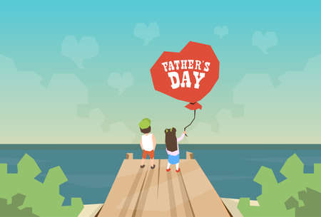 Two Children Son And Daughter Hold Balloon Father Day Holiday Small Boy and Girl Standing on Wooden Dock Looking Ocean Horizon Rear View Vector Illustrationのイラスト素材
