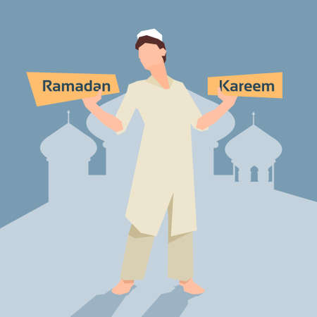 Arab Man With Plate Ramadan Kareem Mosque Background Muslim Religion Holy Month Vector Illustrationのイラスト素材