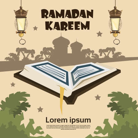 Open Koran Silhouette Mosque Ramadan Kareem Religion Holy Month Vector Illustrationのイラスト素材
