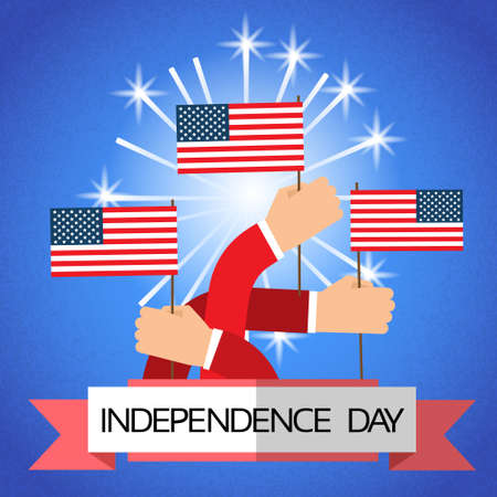 Hand Group Hold United States Flag Independence Day Banner Vector Illustrationのイラスト素材