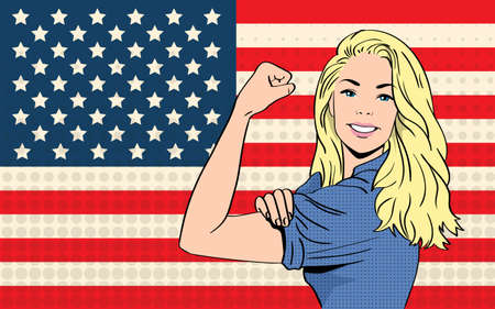 Woman We Can Do It United States Of America Flag Pop Art Colorful Retro Style Vector Illustrationのイラスト素材