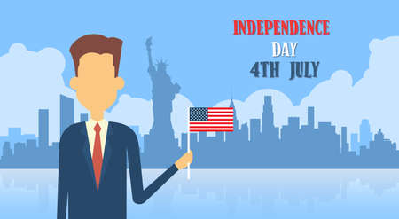 Business Man Hold United States Flag New York Background Independence Day Vector Illustrationのイラスト素材