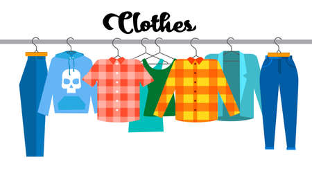 Casual Clothes Hipster Shirt Collection Show Room Shop Flat Vector Illustrationのイラスト素材