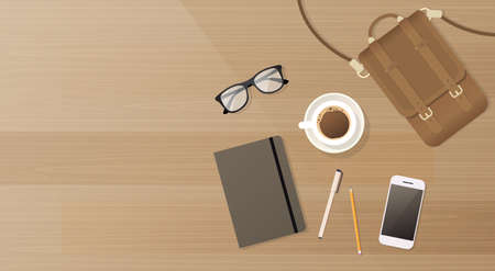 Workplace Desk Cell Smart Phone Notebook Suitcase Coffee Top Angle View Copy Space Flat Vector Illustrationのイラスト素材