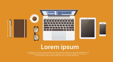 Workplace Desk Laptop Computer Tablet Cell Smart Phone Coffee Top Angle View Copy Space Flat Vector Illustrationのイラスト素材
