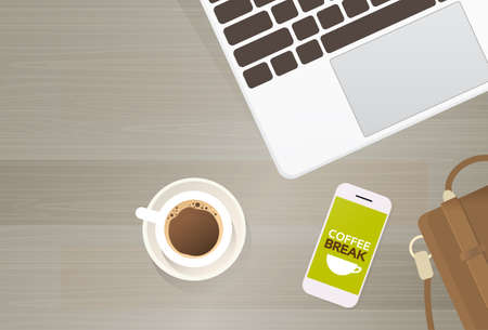 Workplace Desk Laptop Computer Cell Smart Phone Coffee Suitcase Top Angle View Copy Space Flat Vector Illustrationのイラスト素材