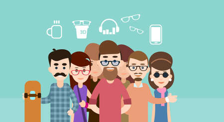 Casual People Group Hipster Flat Vector Illustrationのイラスト素材
