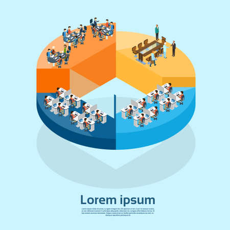 Business Office Interior Businesspeople Group On Pie Diagram Teamwork Concept 3d Isometric Vector Illustrationのイラスト素材