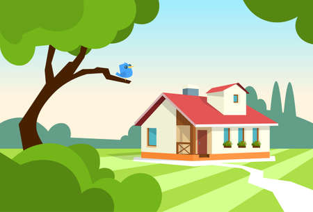 Big Modern House Residence Estate With Garden Flat Vector Illustrationのイラスト素材