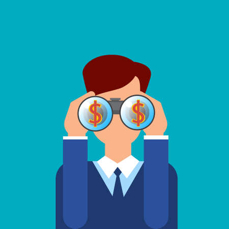 Business Man Hold Binoculars Glasses With Dollar Sign Flat Vector Illustrationのイラスト素材