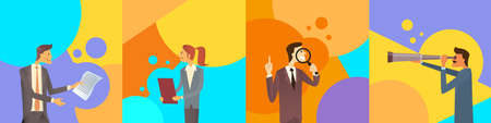 Business People Group Set Hold Magnifying Glass Document Folder Telescope Flat Vector Illustrationのイラスト素材