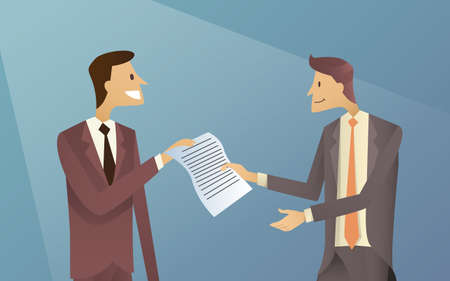Businessmen Give Paper Document Business Man Agreement Contract Flat Vector Illustrationのイラスト素材