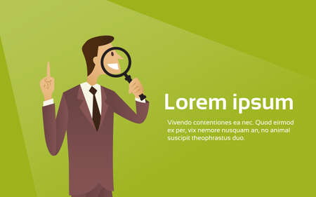 Business Man Hold Magnifying Glass Search Concept Copy Space Flat Vector Illustrationのイラスト素材