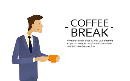 Business Man Hold Cup, Hot Beverage, Tea Coffee Break Copy Space Flat Vector Illustrationのイラスト素材