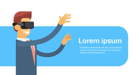 Business Man Wear Virtual Reality Digital Glasses Headset Banner With Copy Space Flat Vector Illustrationのイラスト素材