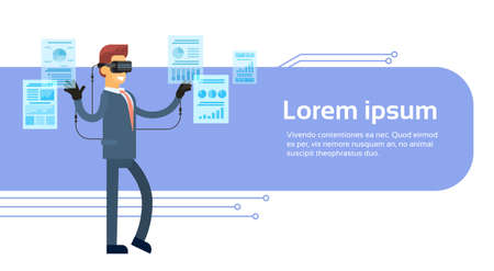 Business Man Wear Virtual Reality Digital Glasses Headset Gloves Finance Graph Chart Banner With Copy Space Flat Vector Illustrationのイラスト素材