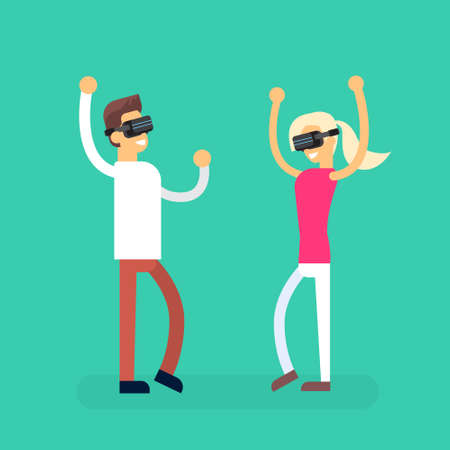 Man Woman Coupe Wear Virtual Reality Digital Glasses Headset Dancing Flat Vector Illustrationのイラスト素材