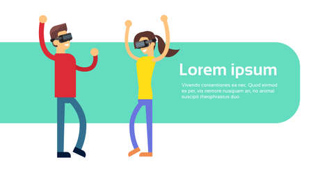 Man Woman Coupe Wear Virtual Reality Digital Glasses Headset Dancing Banner Copy Space Flat Vector Illustrationのイラスト素材
