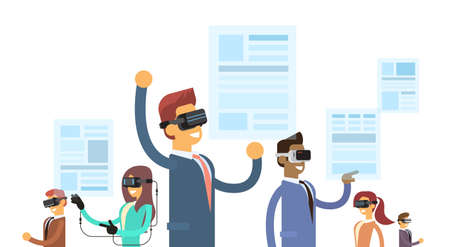 Business People Group Team Wear Reality Digital Glasses Headset Read Virtual News Paper Flat Vector Illustrationのイラスト素材
