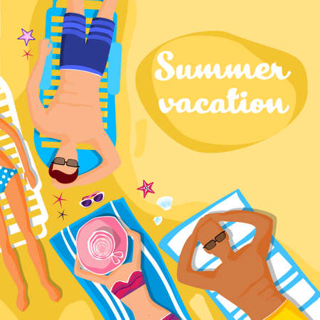 People Lying Beach Sand Sunbathing Seaside Tropical Summer Vacation Holiday Flat Vector Illustrationのイラスト素材