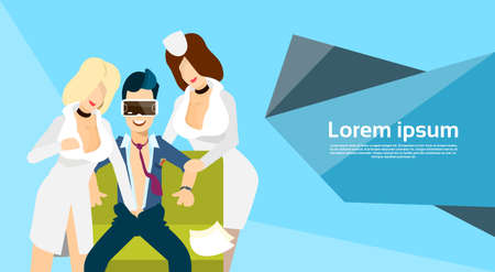 Man Wear Virtual Reality Digital Glasses Headset Watch Erotic Adult Video Flat Vector Illustrationのイラスト素材