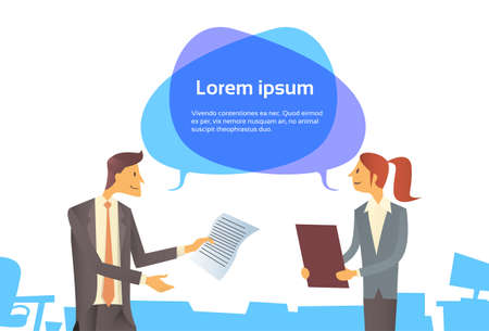 Businessman Hold Paper Document Businesswoman With Chat Bubble Communication Business People Dialog Concept Flat Vector Illustrationのイラスト素材