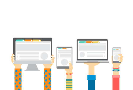 Group Hands Holding Smart Cell Phone Tablet Laptop Computer Monitor, Technology Concept Flat Vector Illustrationのイラスト素材