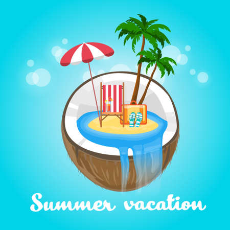 Coconut Tropical Island Summer Beach Vacation Concept Flat Vector Illustrationのイラスト素材