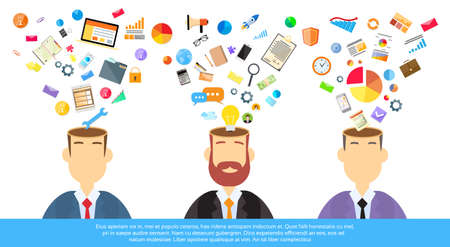 Businessmen Thinking Business Ideas Inspiration, Open Head Creative Brain With Icon Concept Brainstorming Process Flat Vector Illustrationのイラスト素材