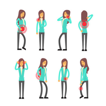 Office Worker Syndrome Sick Business Woman Pain Set Collection Flat Vector Illustrationのイラスト素材