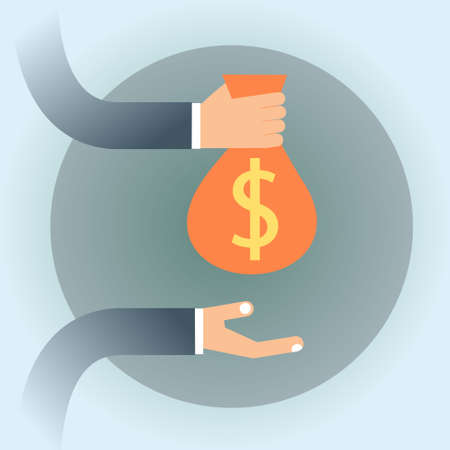 Business People Hand Hold Money Bag With Dollar Sign Flat Icon Vector Illustrationのイラスト素材